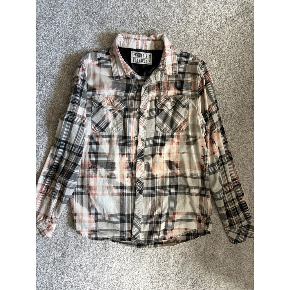 Franklin Flannels Shirt Mens Medium Bleached Plaid Flannel Beige Pink